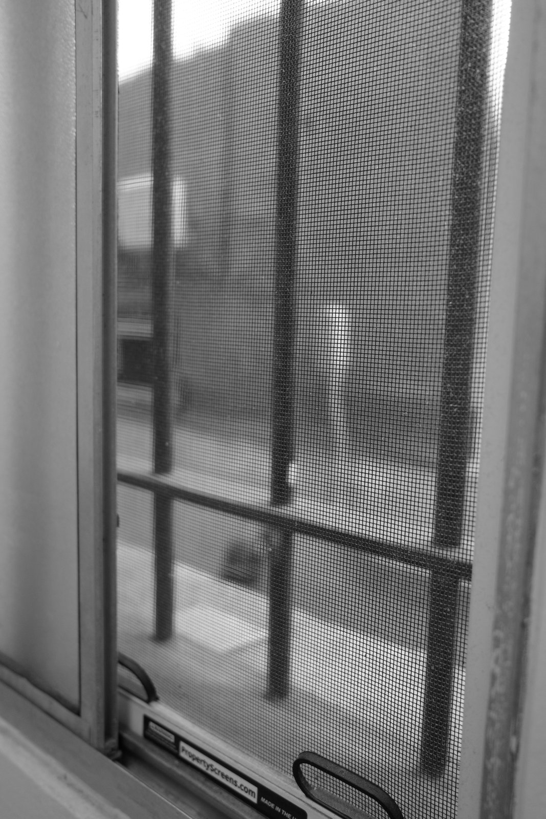 Window mesh and metal bars overlap in soft light.