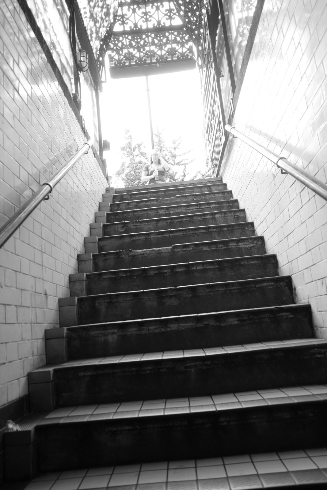 Dark tiled steps rise into daylight beneath ornate railwork.