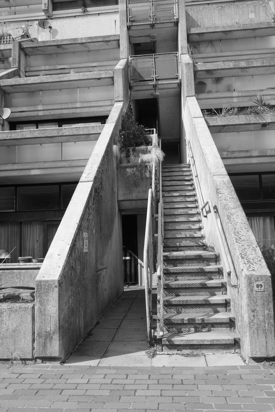 A steep concrete stair rises between stacked housing terraces.