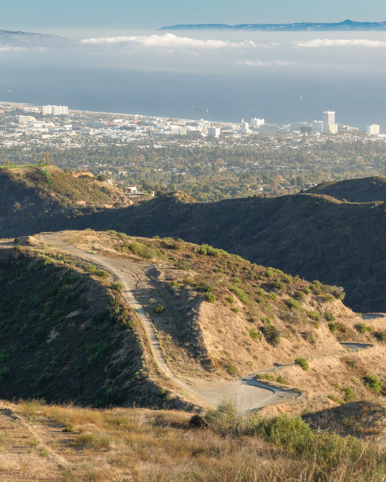 A dirt fire road winds over dry hills above a city, the sea and a far coastline under a cloud bank.