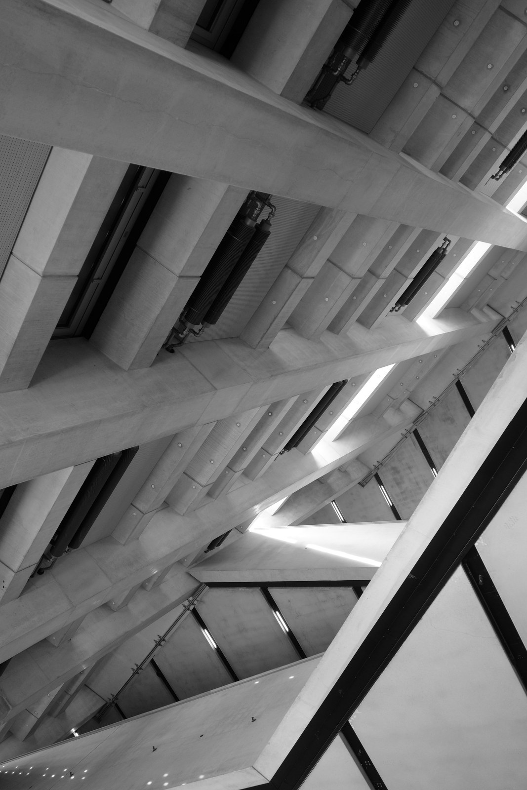 White structural ribs cross diagonal openings inside a tall interior.