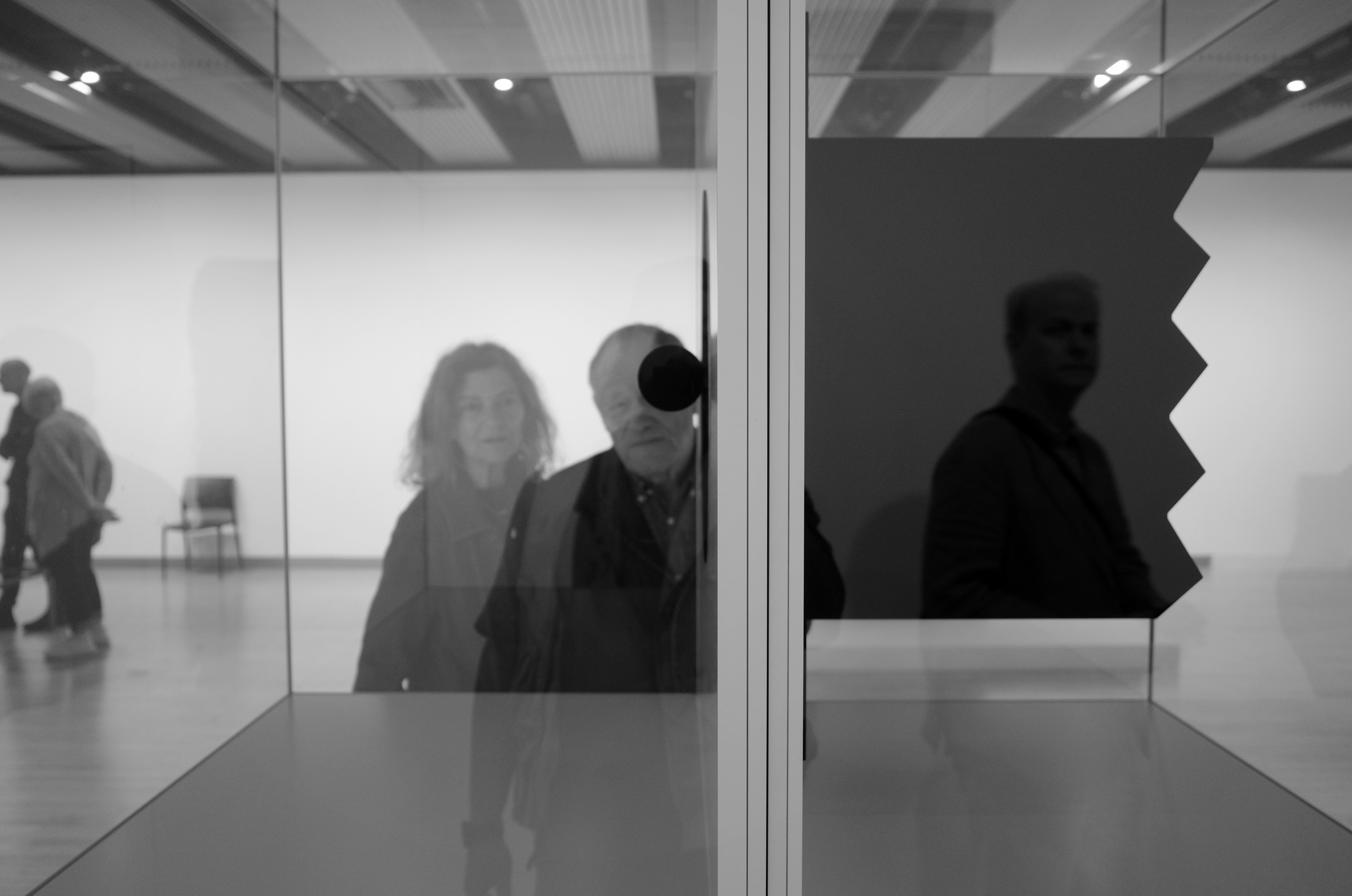 Museum visitors overlap in divided glass reflections.