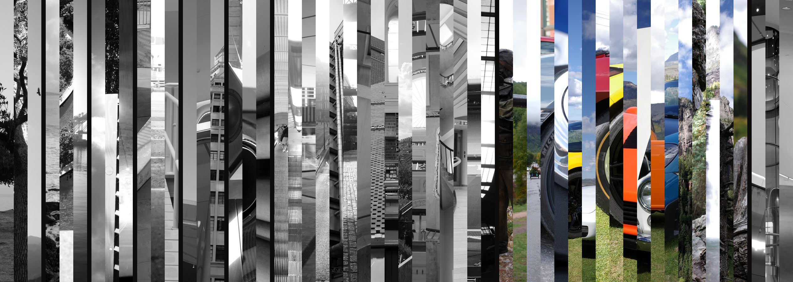 The center strip of each of the 55 photographs on the site, side by side in the order they hang, in black and white except Telluride, which is in color.